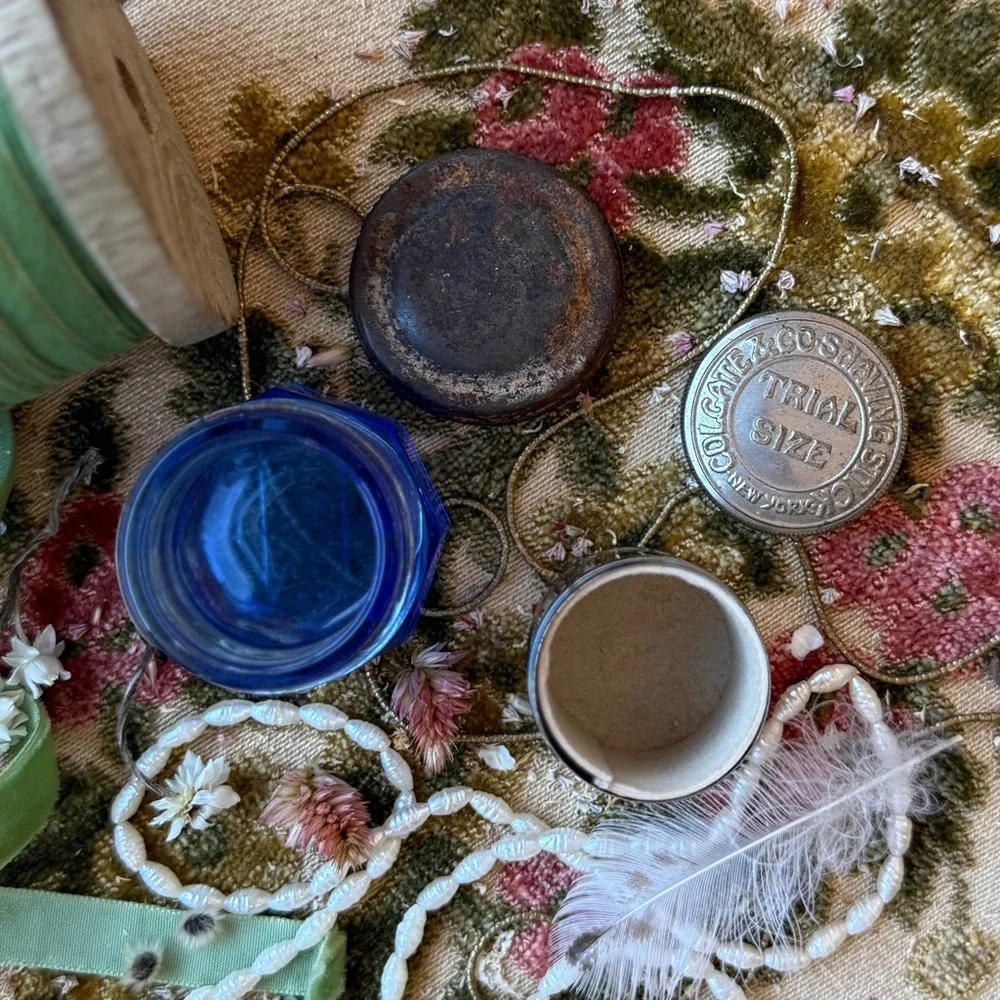 Antique Noxema Blue Glass Jar & Colgate Co. Shaving Stick Silver Tin Set